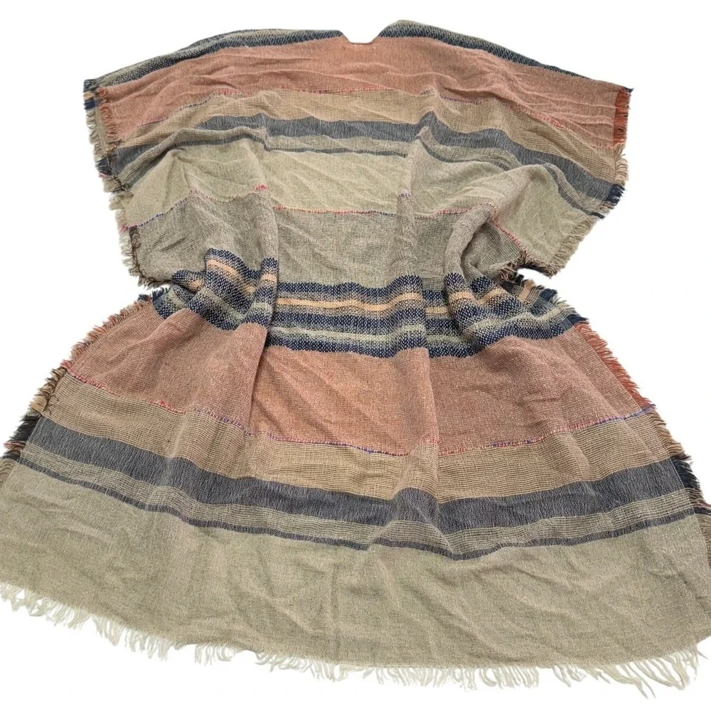 Do Everything In Love Poncho Women One Size Beige Striped Fringe Boho Wrap Shawl